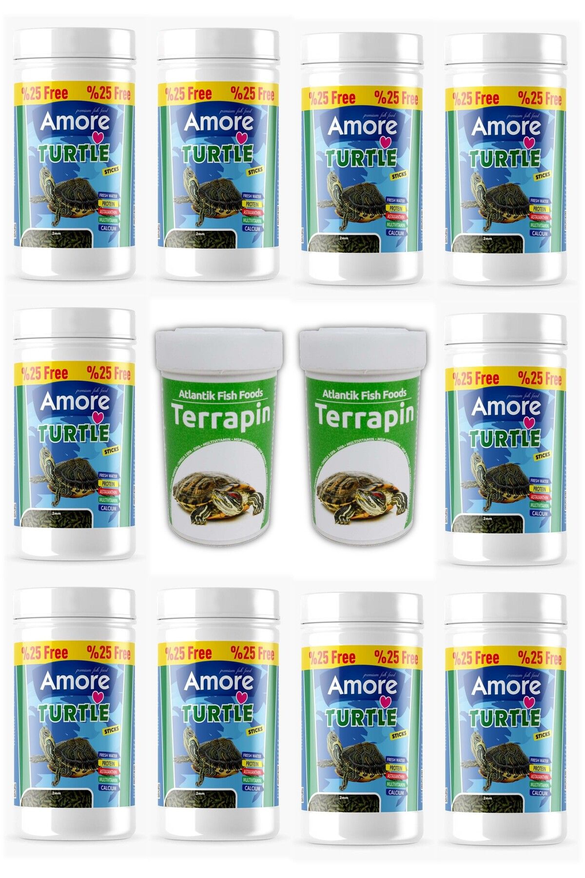 AMORE Turtle Calcium Green Sticks 10x125 ml Su Kaplumbağası Yüzen Yemi, Terrapin 2x100ml