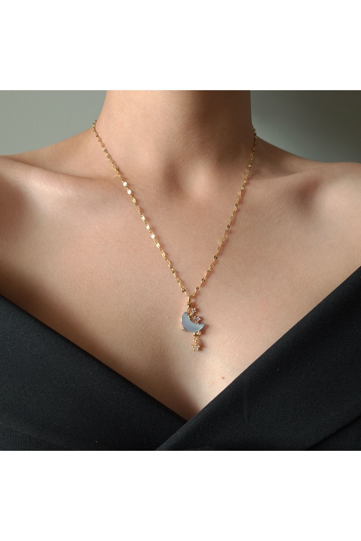 Di Ba Co. Steel Tarnish Resistant Blue Moon Gold Color Necklace