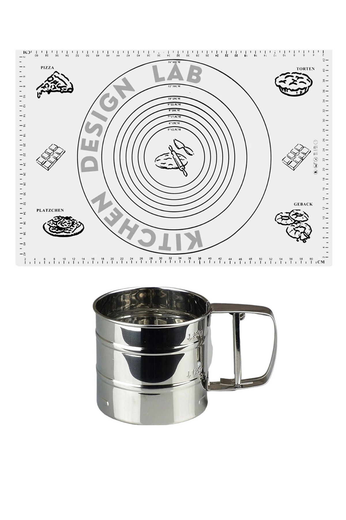 Kitchen Design Lab Beyaz 1. Sınıf Kaliteli Silikon Ölçülü Çok Amaçlı Hamur Açma Matı 45 Cm X 65 Cm Ve Çelik Un Eleği