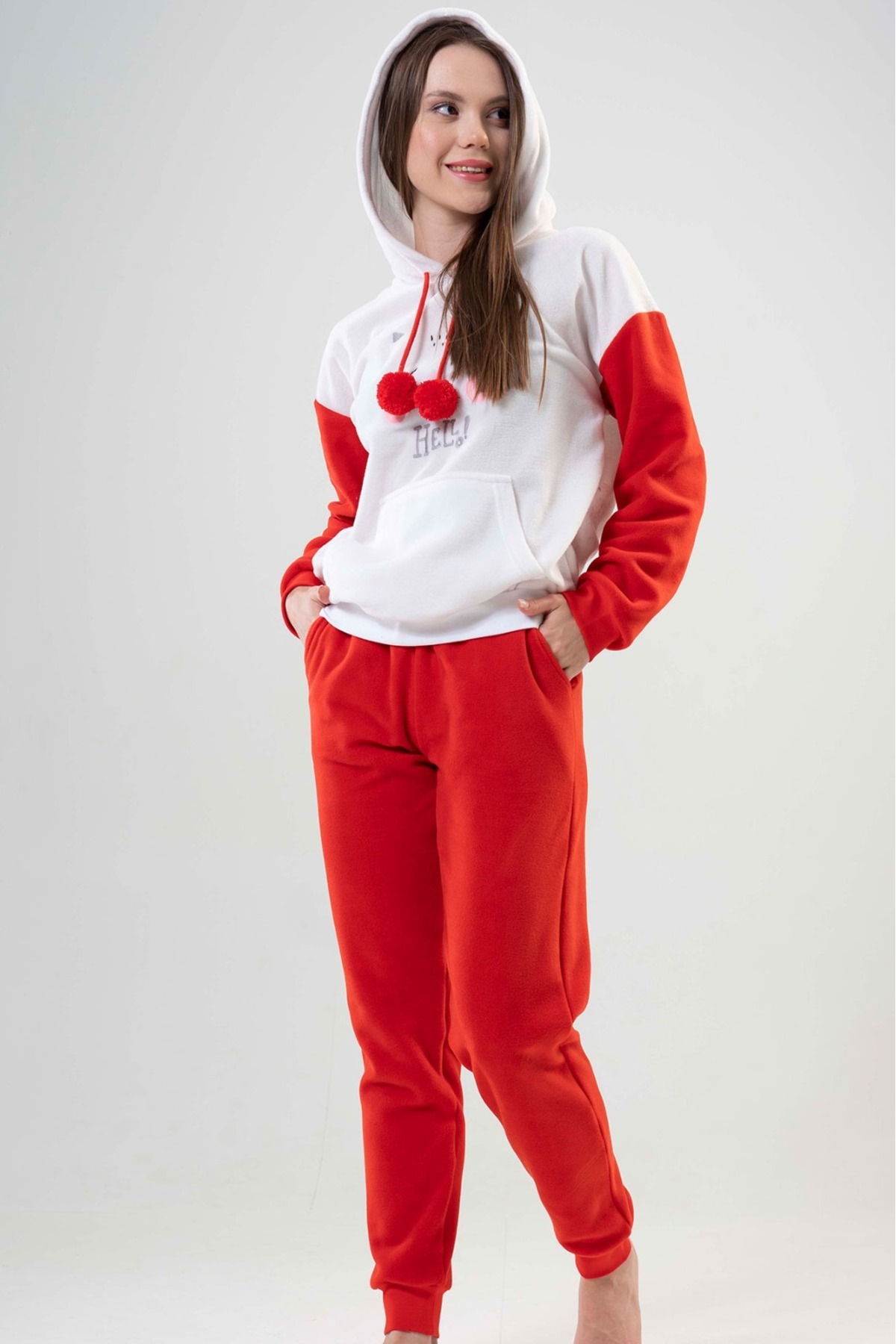 VİENETTA-Women's Fleece Red White Hooded Pompom Patterned Cuffed Long Sleeve Pajama Set 2