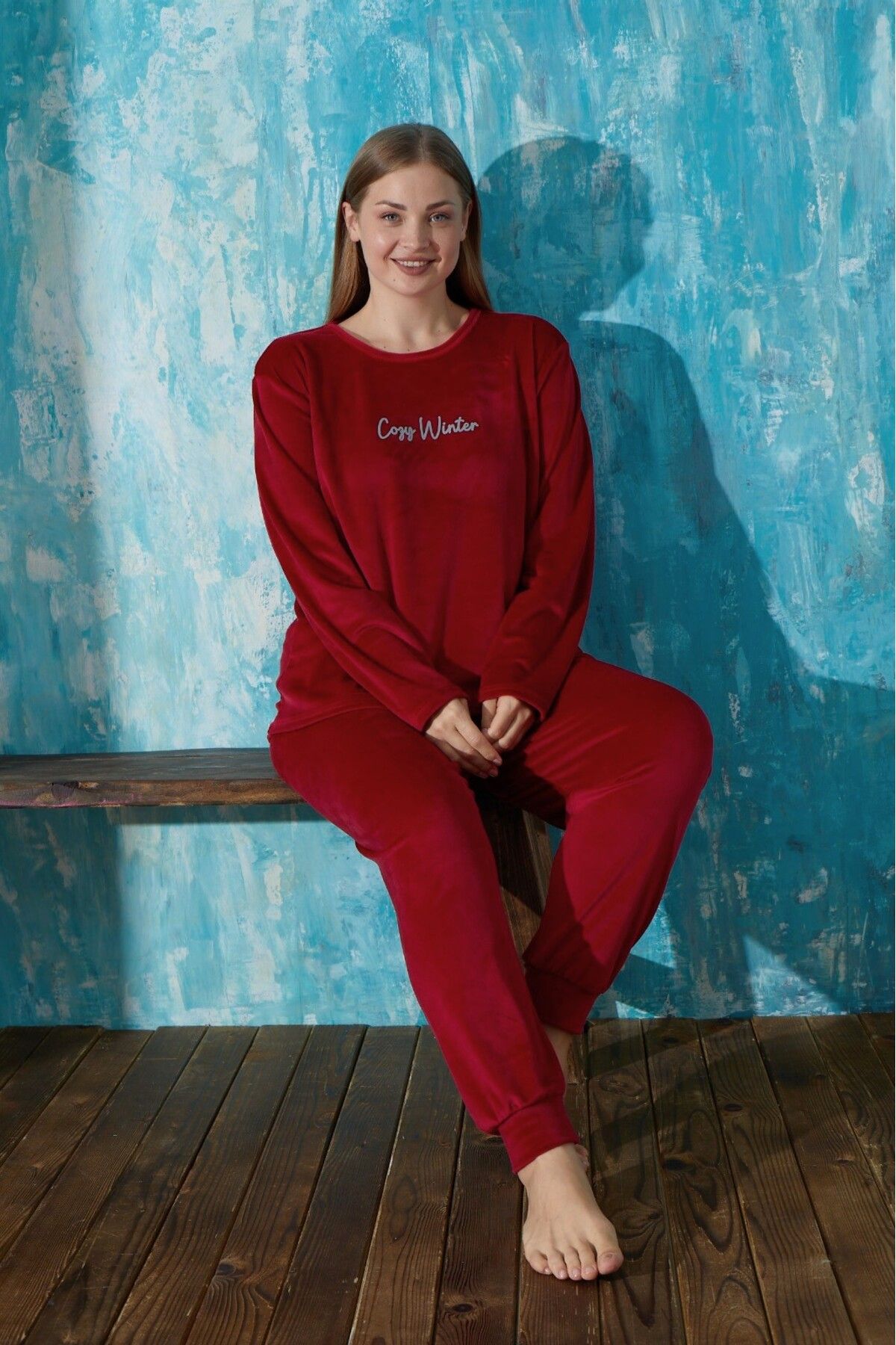 Meba Women's Winter French Velvet Cozy Winter Red Plus Size Pajama Set -  Trendyol