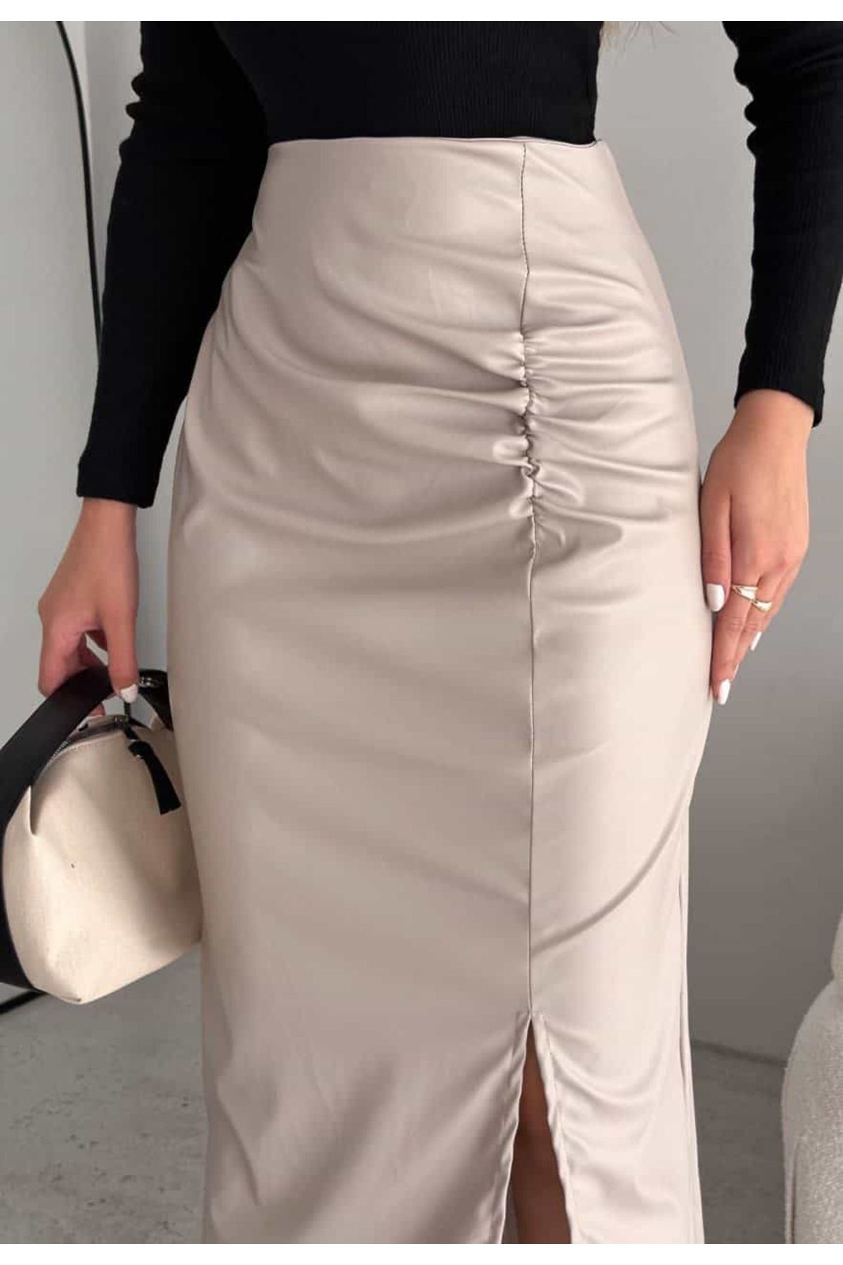 Cream online leather skirt