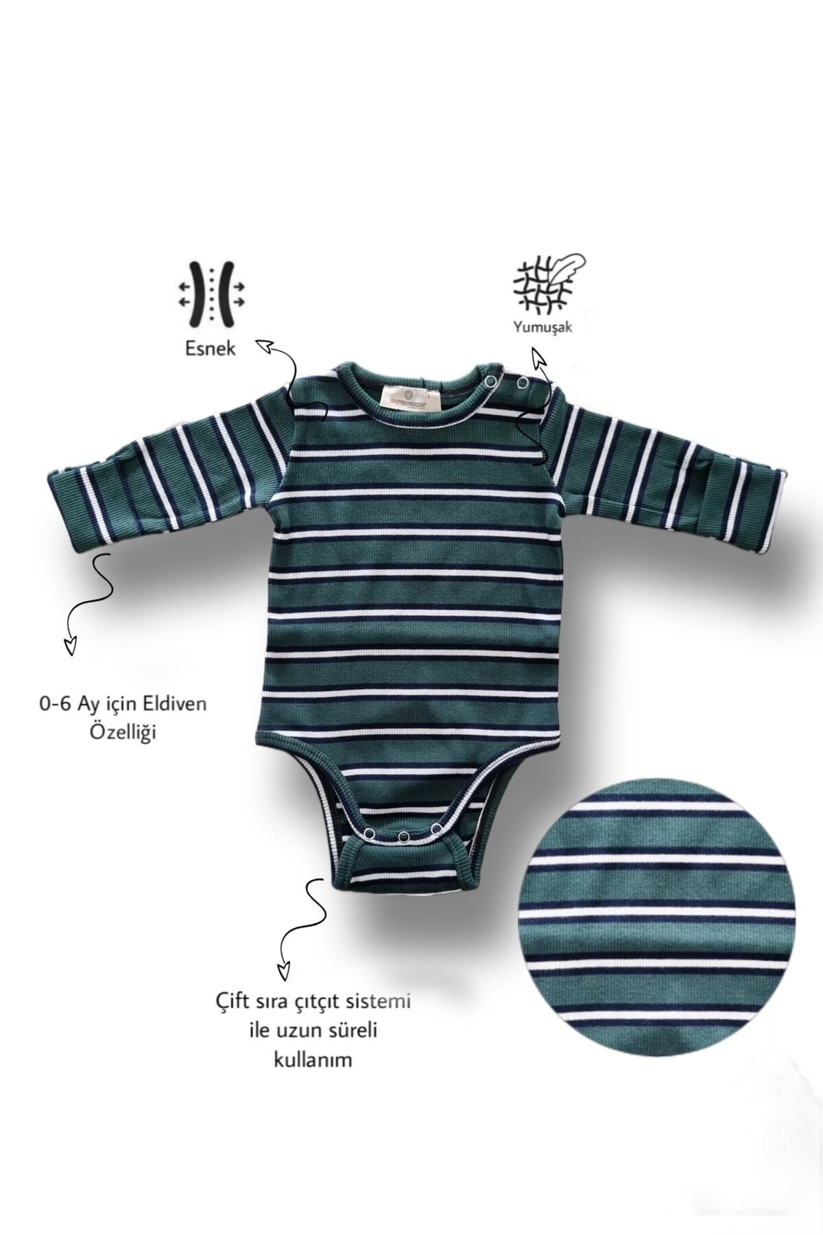 بیبی بوروش بادی نوزادی راه راه سبز آستین بلند انعطافپذیر که با کودک شما رشد میکند - بادی چسبی بیبی بوروش بادی نوزادی راه راه سبز آستین بلند انعطافپذیر که با کودک شما رشد میکند - بادی چسبی