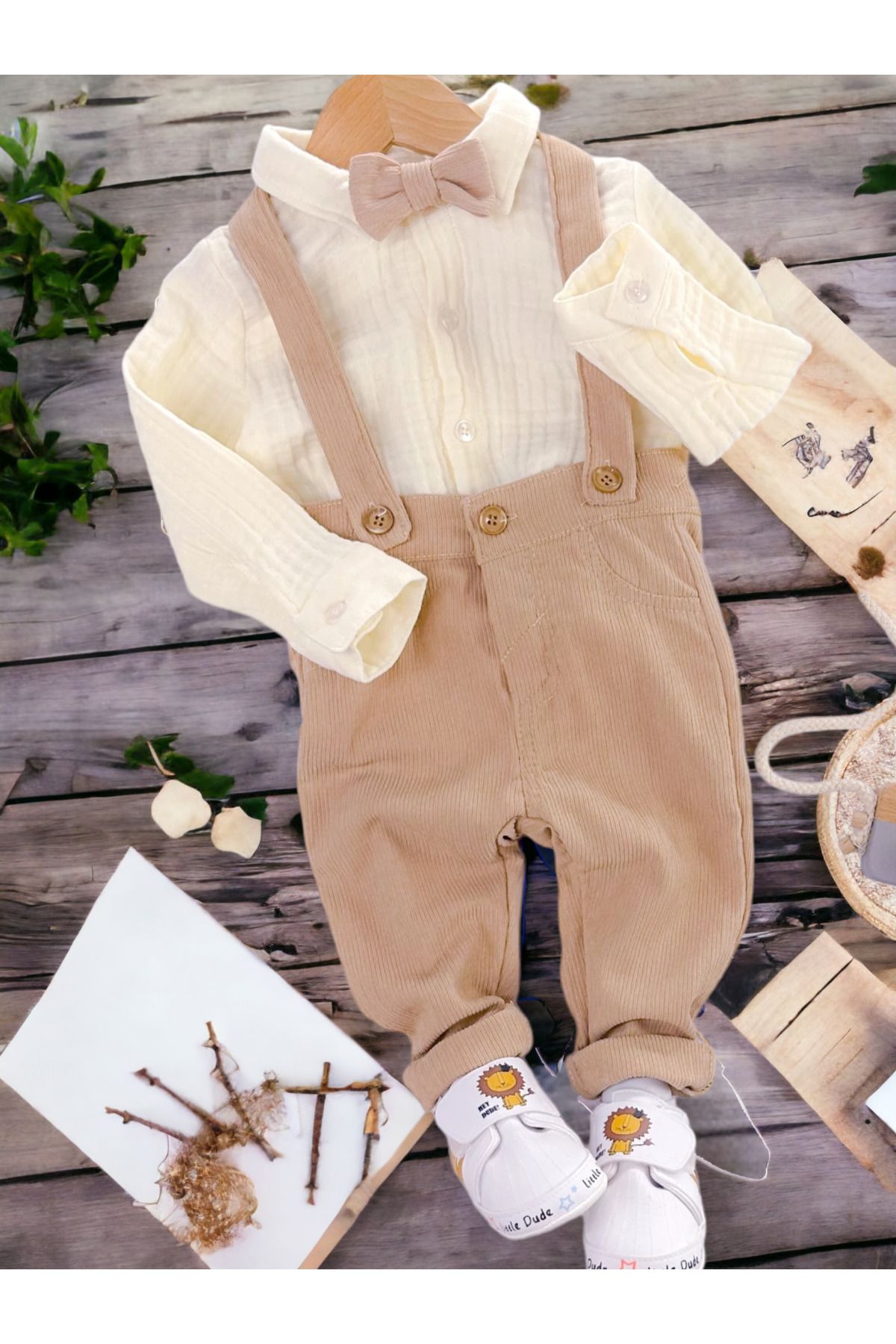 Egelite BABY BOY BOW TIE HANGER MUSLIN SHIRT VELVET PANTS TOP