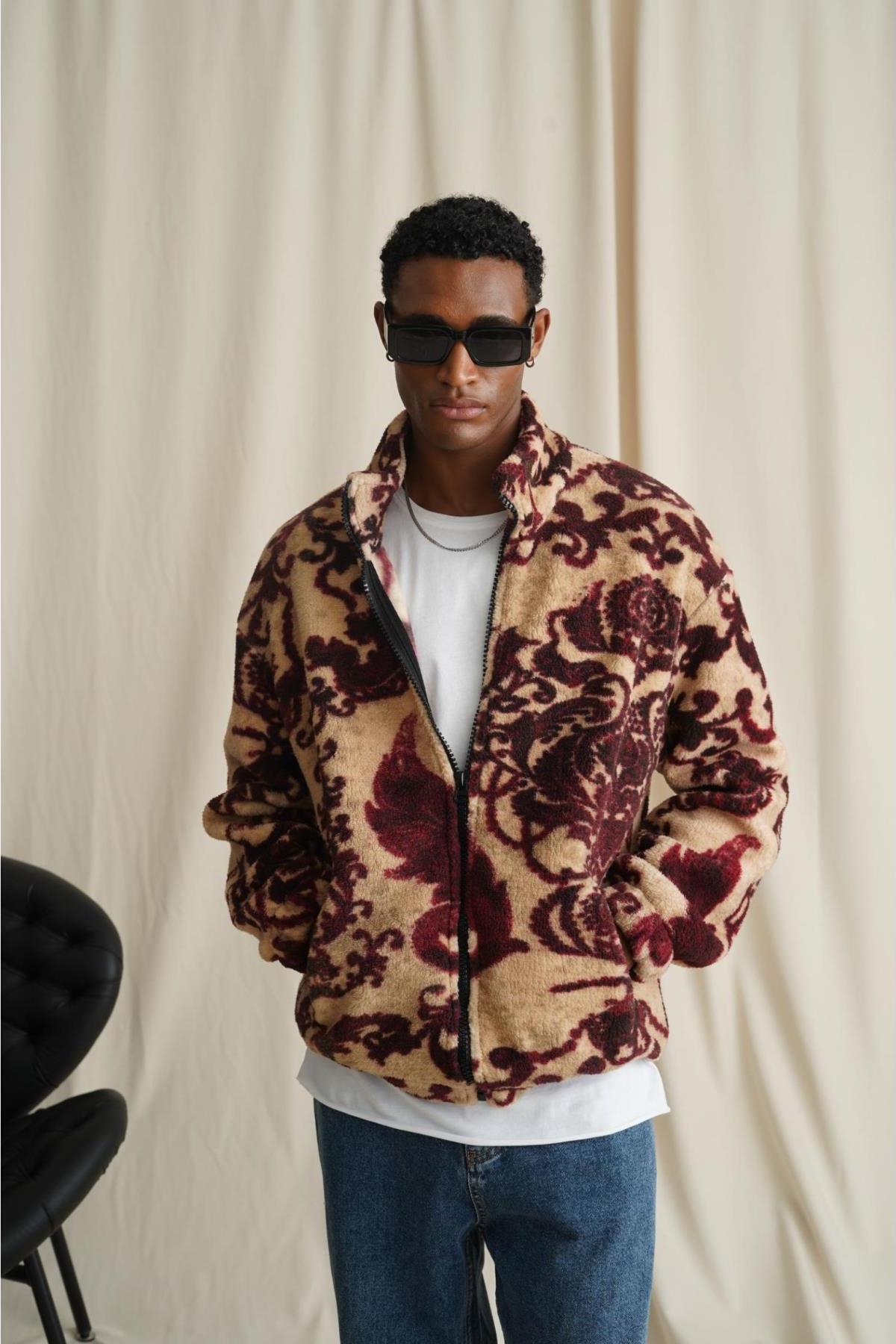 Oversiz Mold Patterned Zipper Plush Coat