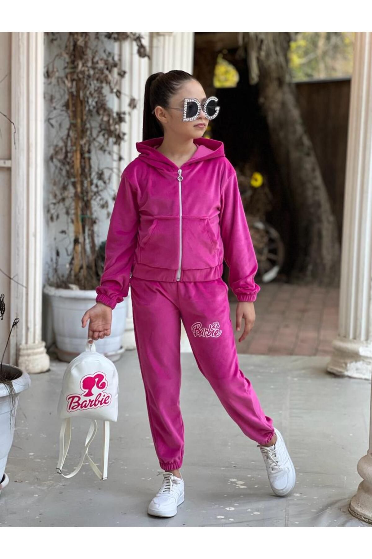 DUDOR K DS Girl s Fuchsia Pink Velvet Barbie Tracksuit and Barbie Bag