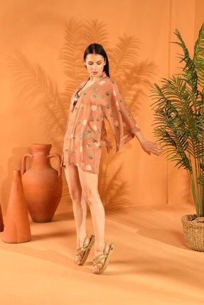 Kadın Turuncu Sunset Kısa Kimono Pareo EF125