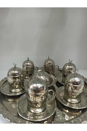 İşlemeli Gümüş Tepsili ve Lokumluklu Kahve Seti 6'lı HKAH02