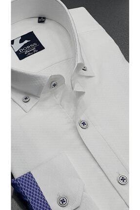 Erkek Beyaz Slim Fit Uzun Kollu Renk Bloklu Gömlek 5803-0400