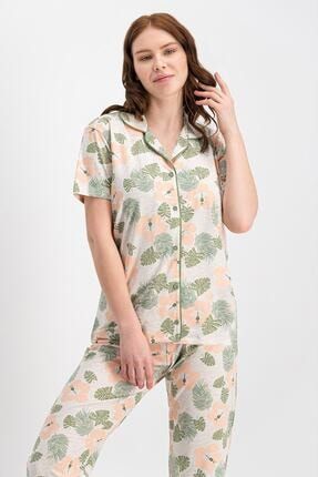 Rolypoly Tropical Flowers Kremmelanj Düğmeli Kadın Gömlek Pijama Takımı RP1785-C