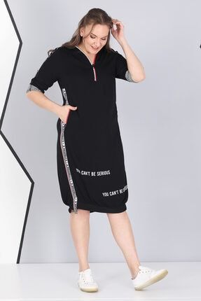 Büyük Beden Siyah Viskon Spor Kapşonlu Elbise 4660-1