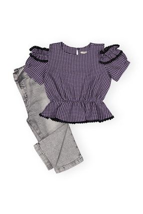 Kız Çocuk Mor Renk Kolu Eteği Dantel Detaylı Omuz Açık Bluz Ve Kot Şort Takım 211105