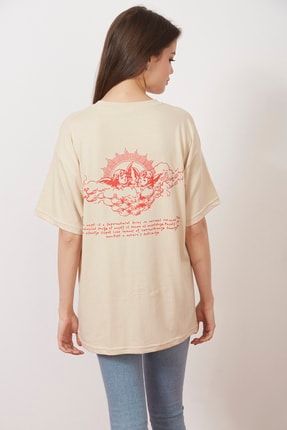 Eazy Bej Angels Unisex Oversize Baskılı Kısa Kollu T-shirt Eazy 5027