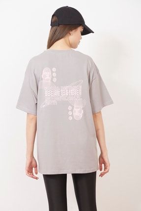 Eazy Gri Social Distance Unisex Oversize Baskılı Kısa Kollu T-shirt Eazy 5024