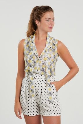 Saten Slim Fit Kolsuz Özel Dijital Sarı Baskılı Kadın Bluz Keıra DA2005054036keira