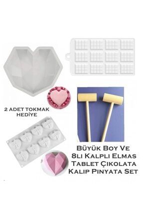 Büyük Boy Elmas Kalp 8 Li Elmas Kalp Tablet Çikolata Kalıbı Pinyata Set JEMCE91