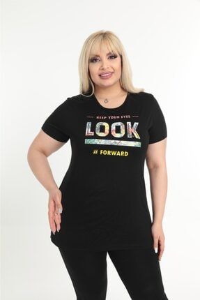 Kadın Siyah Baskılı Viskon Büyük Beden T-Shirt MJ0074