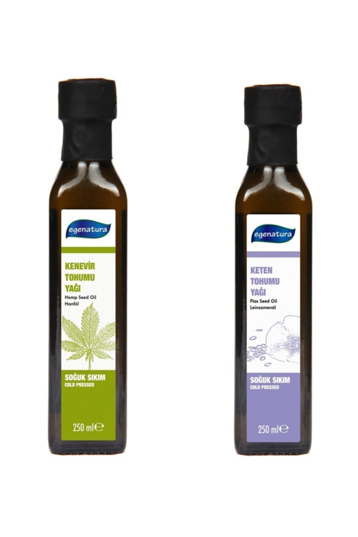 egenatura Kenevir Tohumu Yağı 250 ml + Keten Tohumu Yağı 250 ml 2x250 ml Cam Şişe Soğuk Sıkım