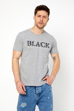 Erkek Gri Black Baskılı Slim Fit T-shirt-ytsl077r10s YTSL077