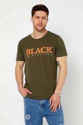 Erkek Koyu Haki Black Baskılı Slim Fit T-shirt-ytsl077r09s YTSL077