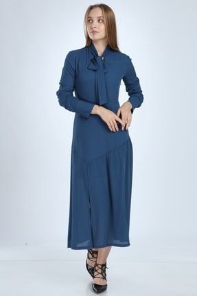 Kadın Mavi Fular Yaka Yırtmaçlı Midi Boy Elbise HRM00KRM001