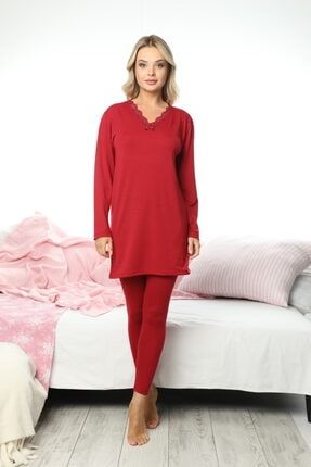 Kadın Bordo Tunikli Tayt Pijama Takım 41564