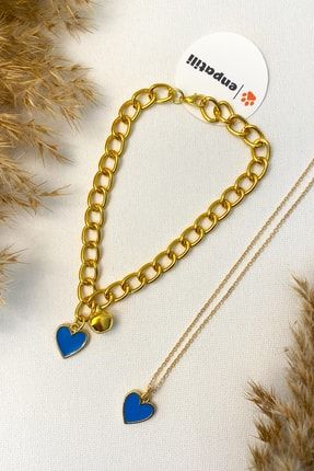 Gold Kedi Tasması Kedi Kolyesi Mavi Kalp Detaylı Zilli Ayarlanabilir Zincir Kolye Seti Enpatili168
