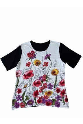 Kadın Beyaz Küçük Taşlı Çiçek Desen Penye T-shirt 5516