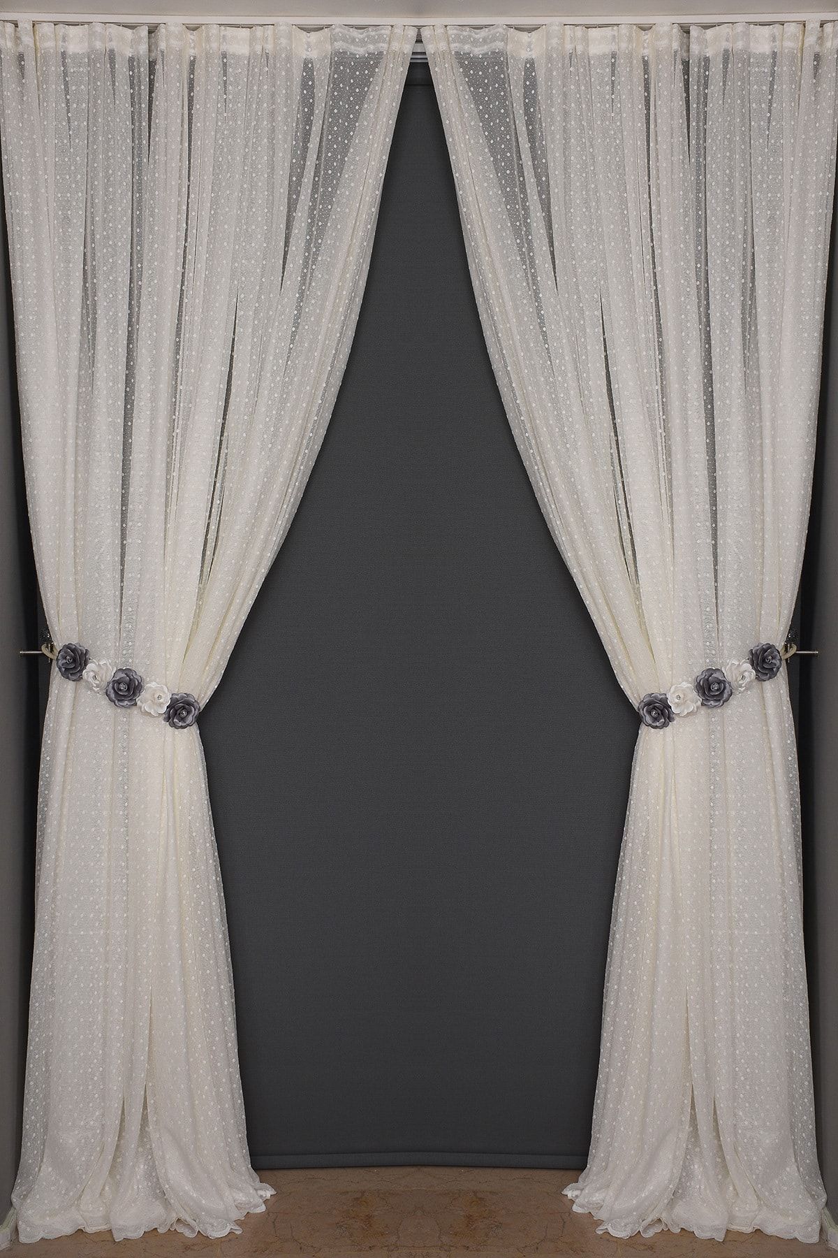 AKÇA TEKSTİL-Sparse Pointed Cream Color Single Wing Ready-made Planted Pleated Background Curtain 300*260 Cm 2