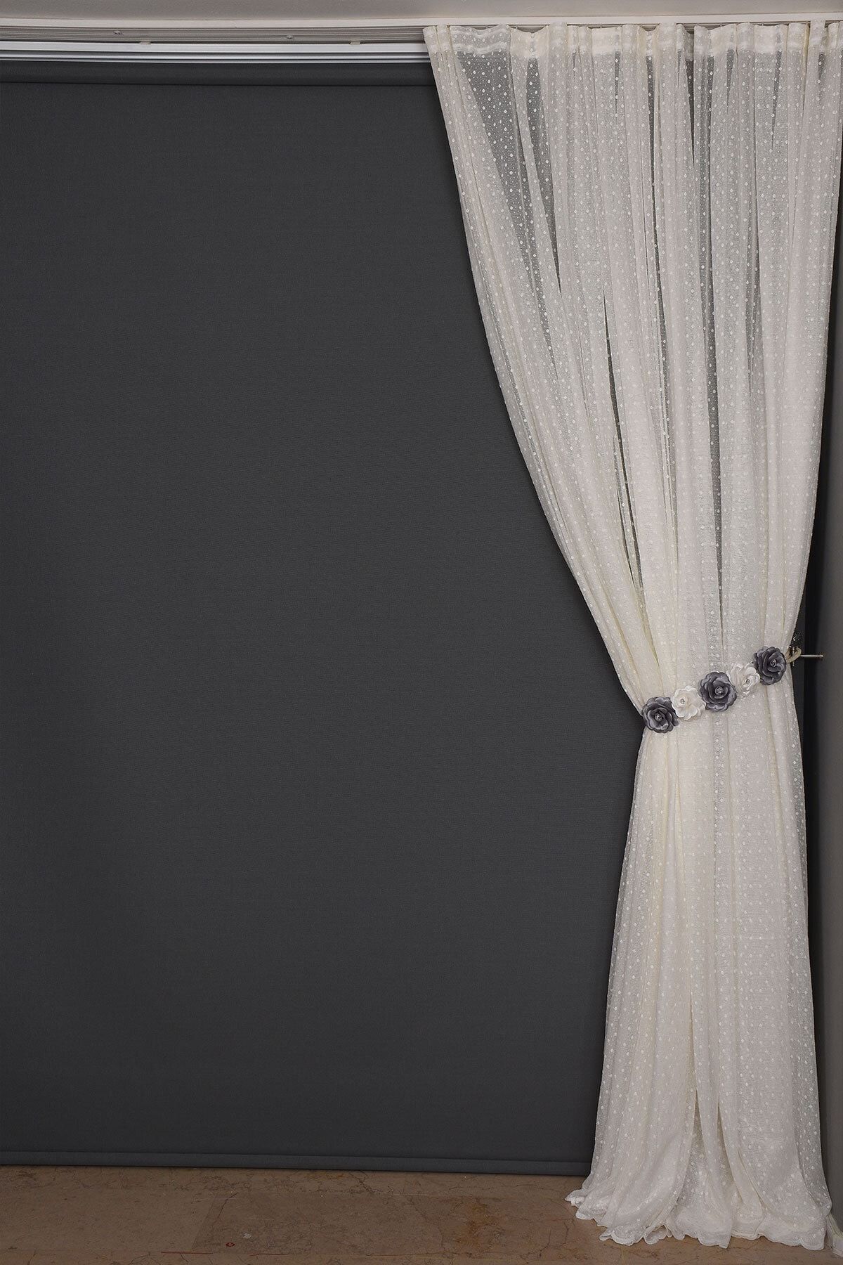 AKÇA TEKSTİL-Sparse Pointed Cream Color Single Wing Ready-made Planted Pleated Background Curtain 300*260 Cm 4