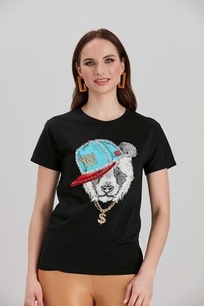 Kadın Siyah Baskılı Taş İşlemeli T-Shirt YL-TS99686
