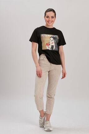 Kadın Siyah Baskılı T-Shirt YL-TS99849