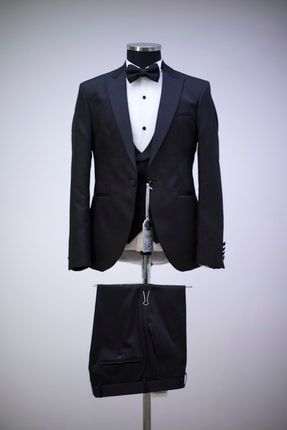 Erkek Siyah Klasik Yelekli Puantiyeli Tam Takım Elbise Damatlık 3451L48