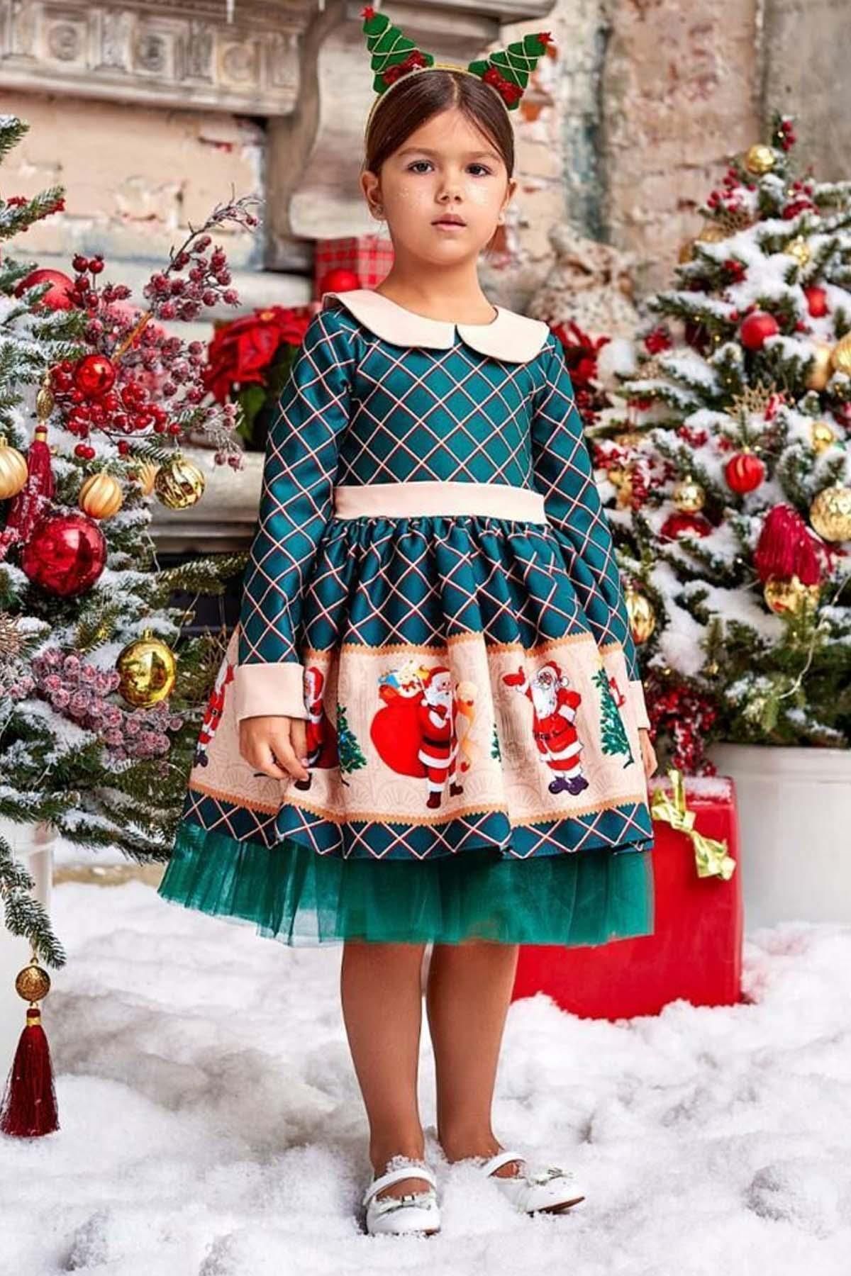 Riccotarz Kariertes grünes Kleid mit Babykragen und Weihnachtsmann-Aufdruck  für Mädchen - Trendyol