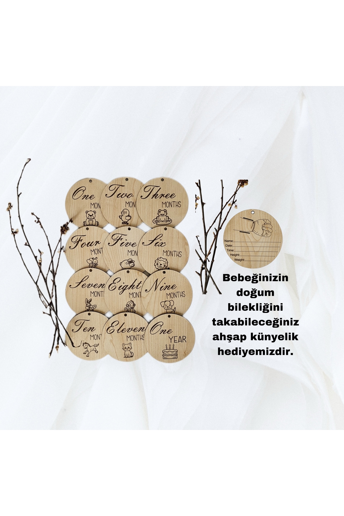 Bevadecoration Ahşap Anı Kartı Aylık Plak Seti Bebek Ay Kartları Yenidoğan Hediyesi fotoğrafı 6 (önizleme)