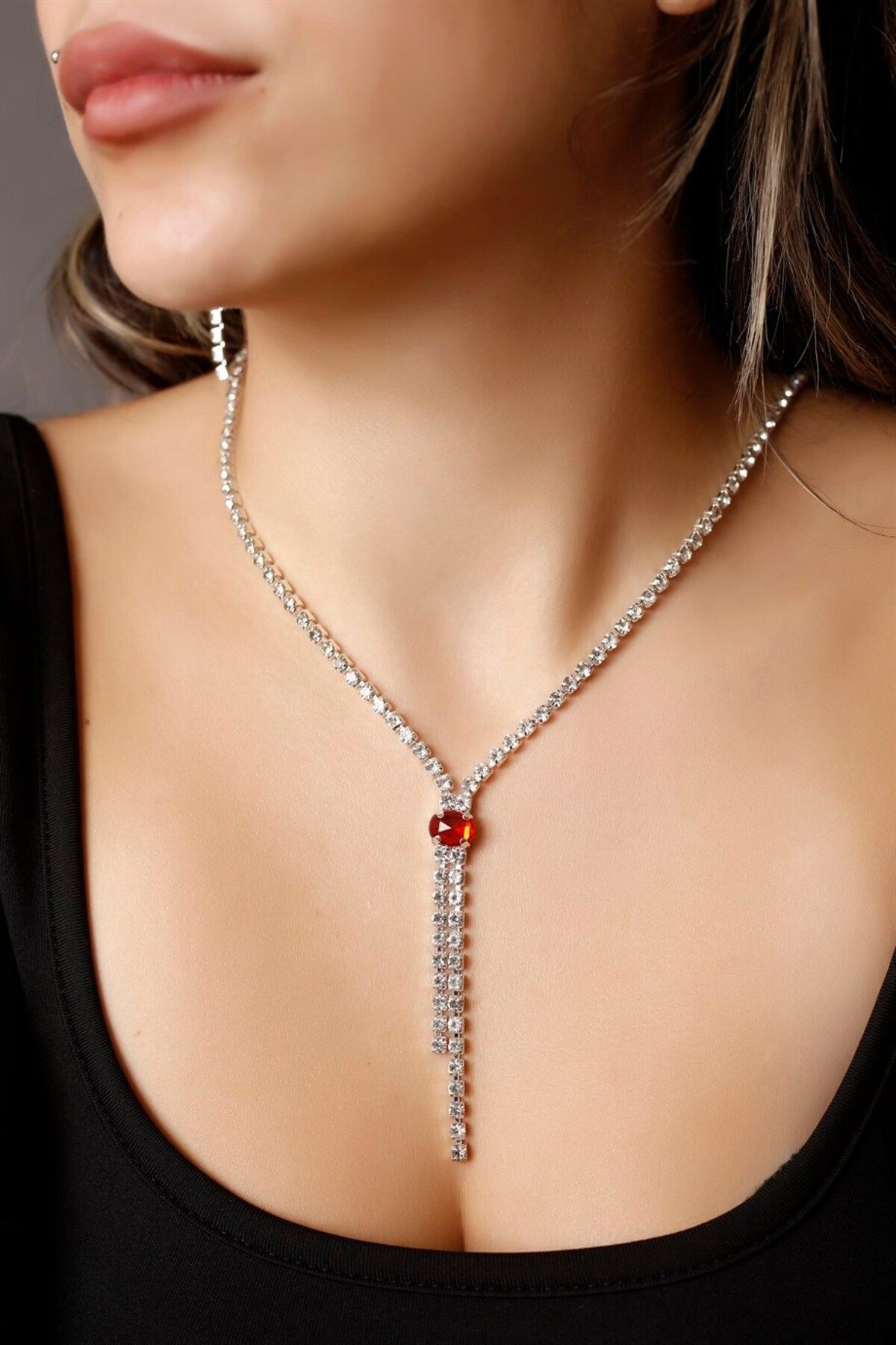 HUBANN Silver Plated Red Stone Waterway Necklace Special Occasions