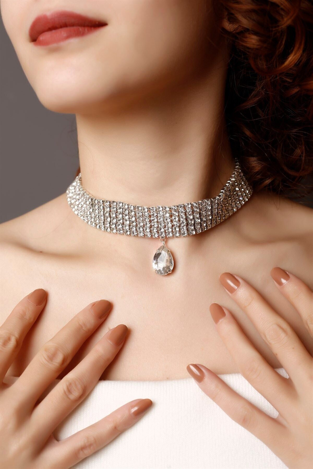 HUBANN 6 Row Drop Stone Silver Choker Necklace Stone Choker