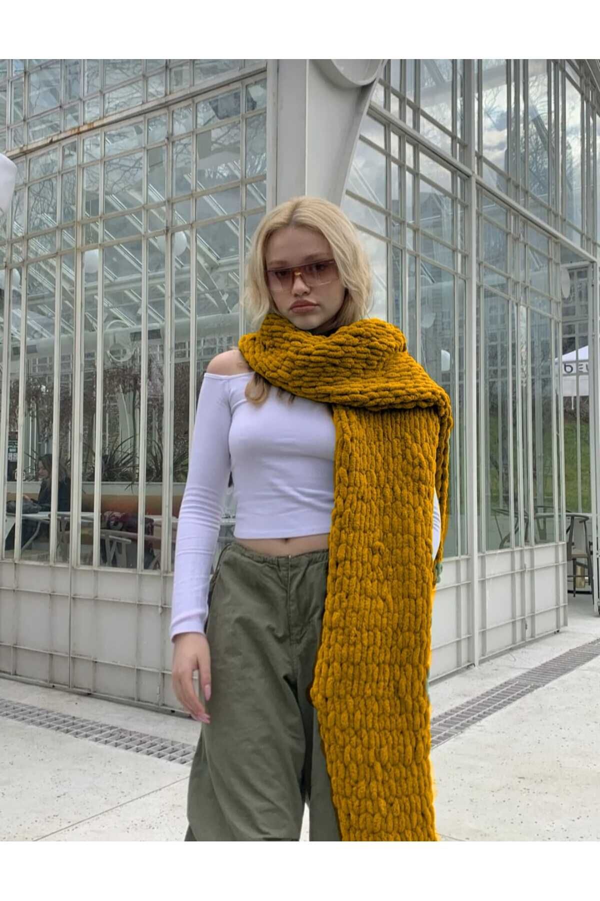 Mustard yellow knit scarf on sale