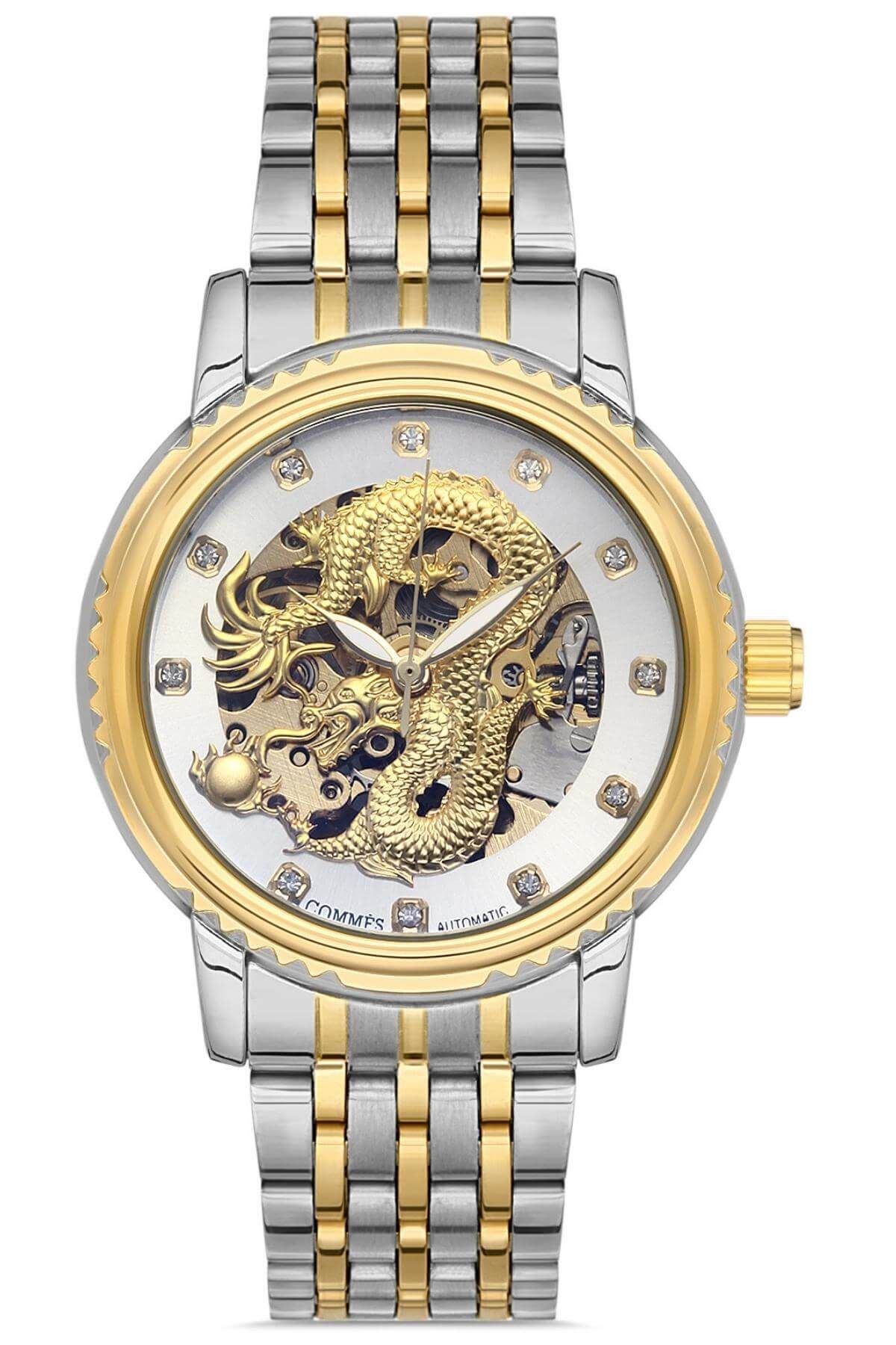 FLENT Man Automatic Self Wind Watch, Men Wristwatches, Gold and Silver  Skeleton Watch Hollow Engraving Leather Strap watches