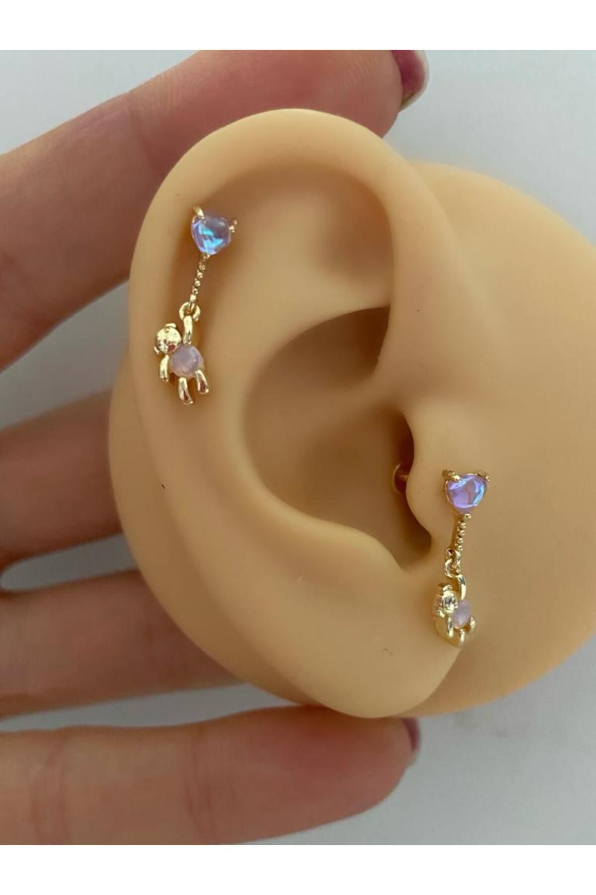 sallanan ayıcık arkası düz önden takmalı helix kıkırdak tragus lobe uyumlu piercing küpe