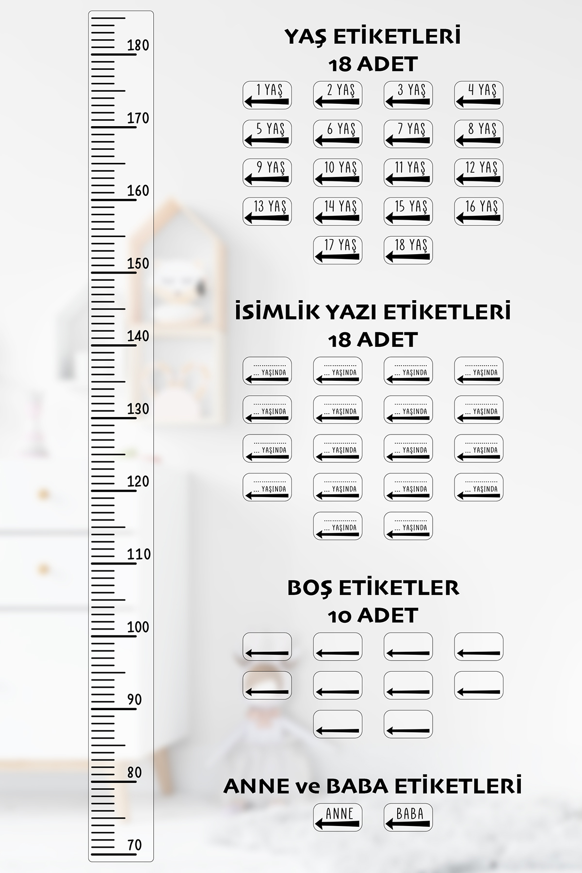 NeoPrint Boy Cetveli Duvar Sticker Çocuk Uzama Ölçme Metresi Kendinden Yapışkanlı Mezura fotoğrafı 3 (önizleme)