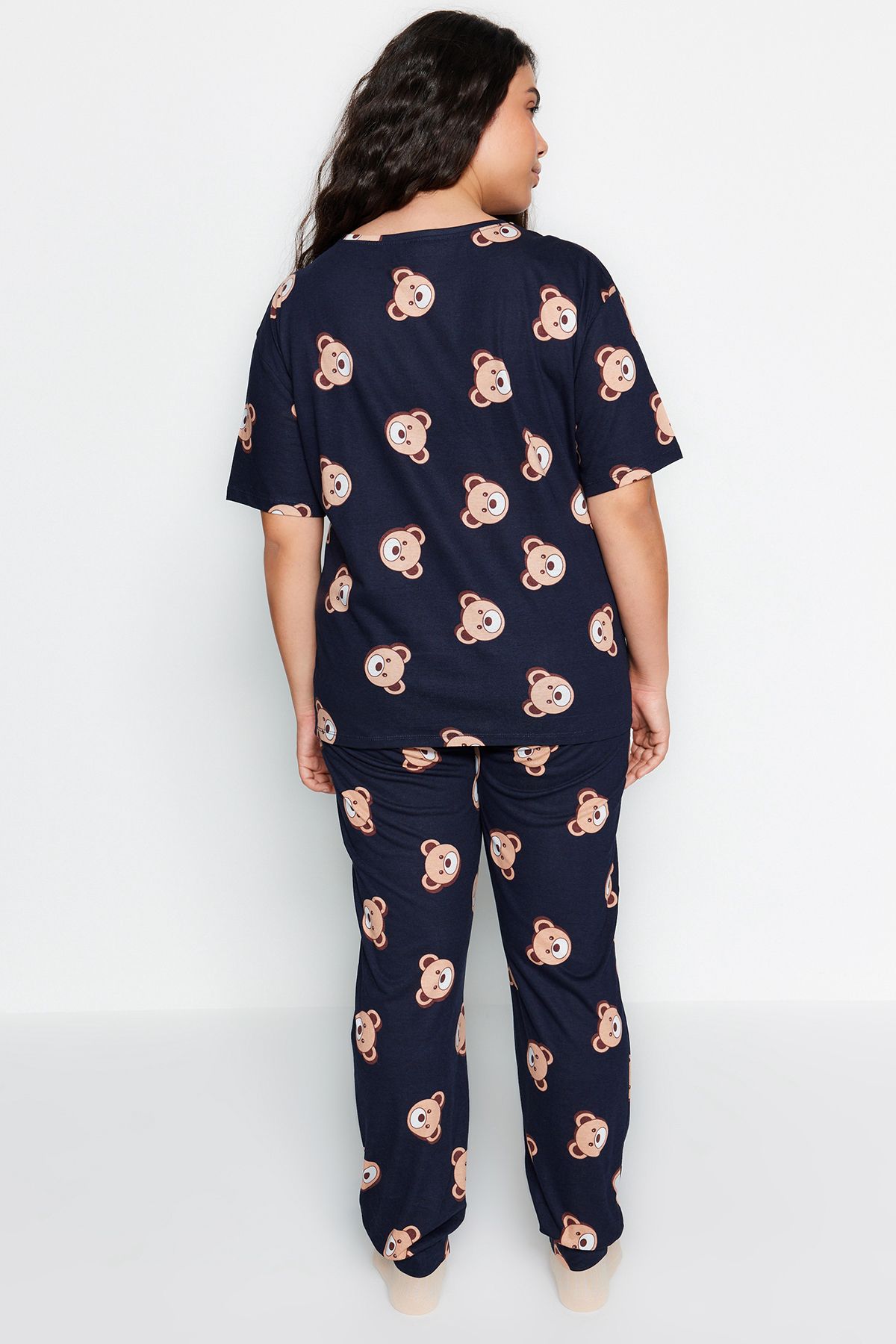 Trendyol Curve-Marineblaues Pyjama-Set aus Strick mit Teddybär-Muster TBBAW23AI00039 4