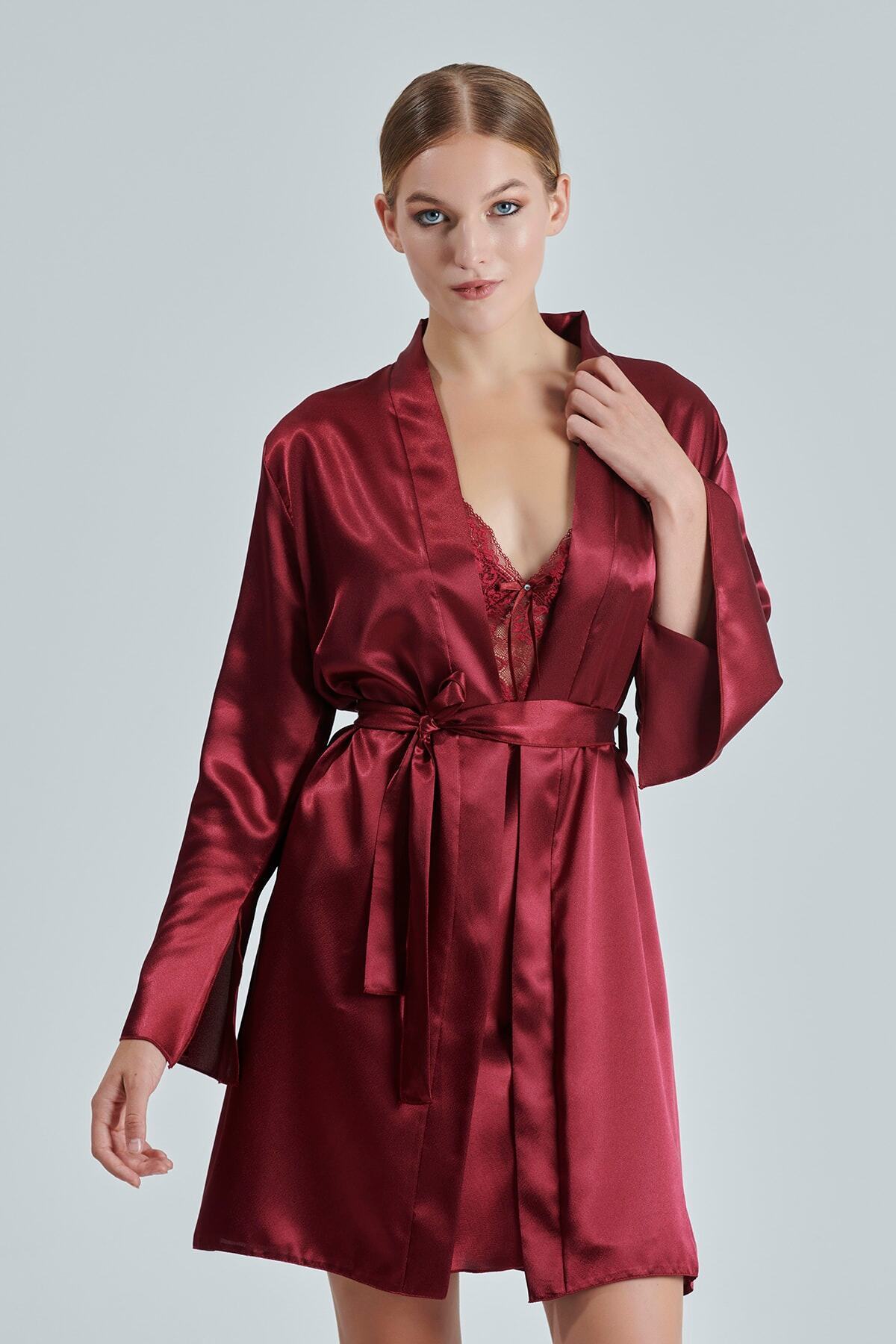 Genel Markalar Kadın 6 Parça Saten Gecelik Gelin Çeyiz Seti, Gecelik Sabahlık Pijama Takım Şortlu Takım