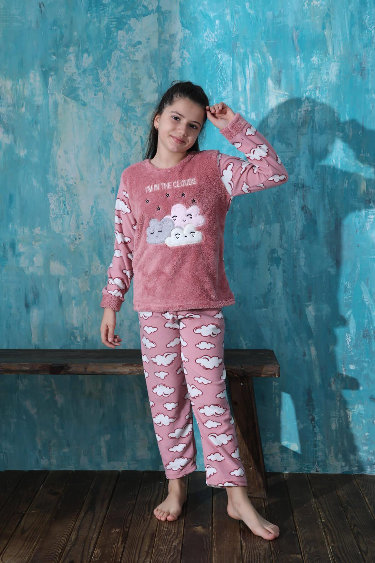 Pijamaevi-Pink Moon Cloud Patterned Girl's Plush Pajama Set 5