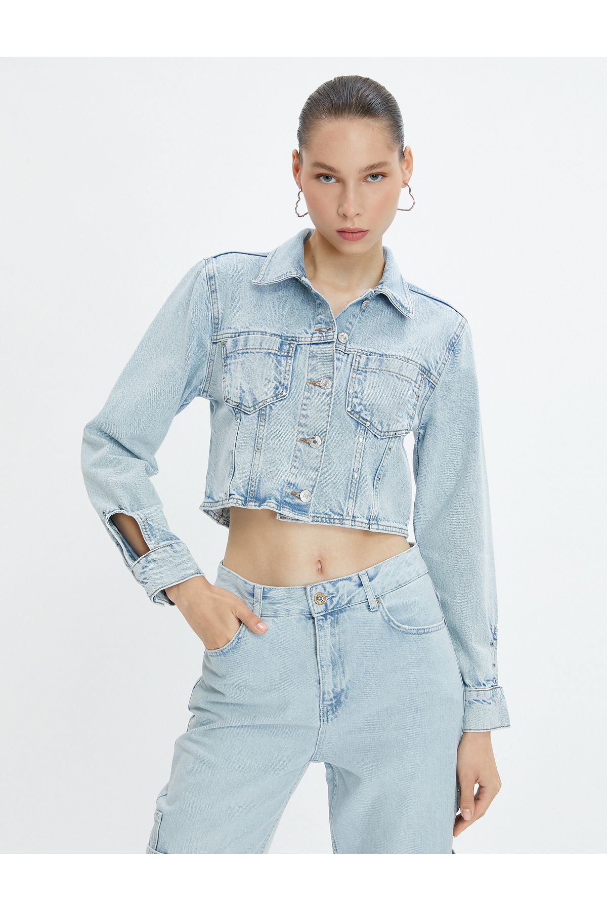 Koton Crop Denim Jacket Pocket Sleeves Window Detailed Stoned Cotton