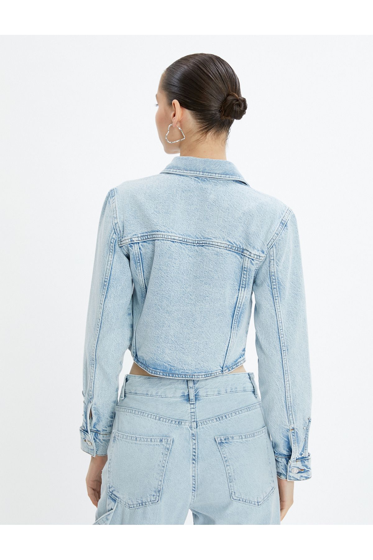 Koton Crop Denim Jacket Pocket Sleeves Window Detailed Stoned Cotton