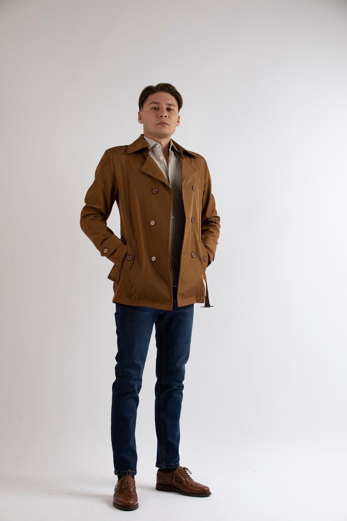 MASERTO Erkek Açık Kahve Slim Fit Kısa Model Trençkot görsel 3