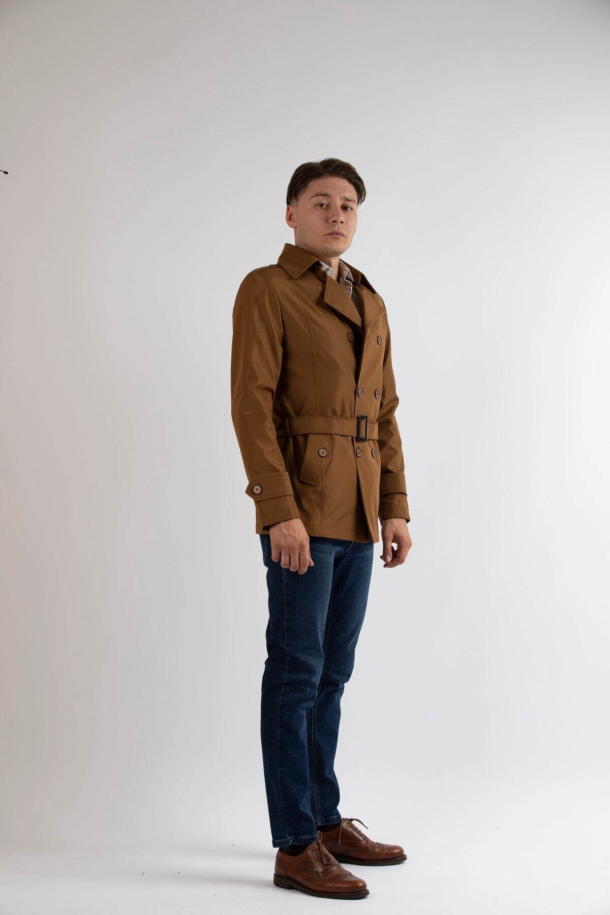 MASERTO Erkek Açık Kahve Slim Fit Kısa Model Trençkot görsel 2