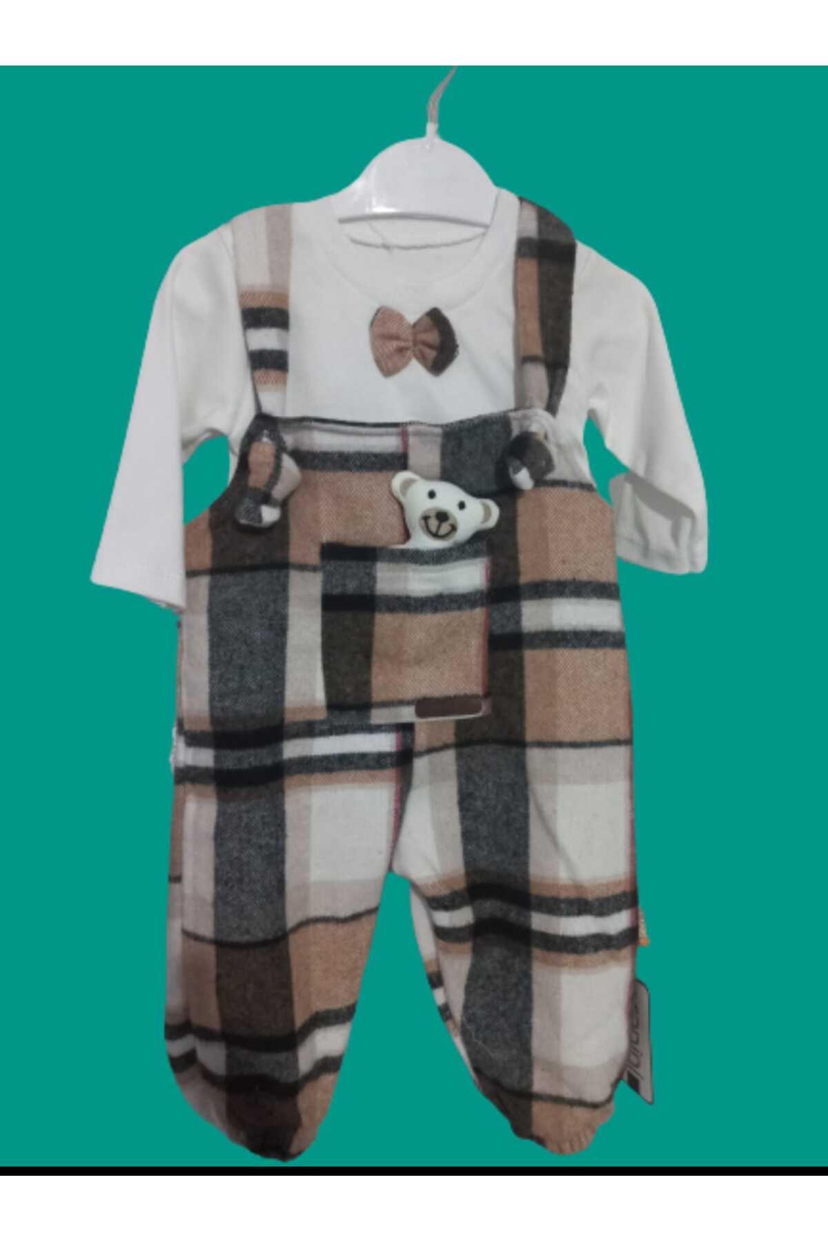 YARENKİDS Unisex Welsoft Ekose Desen Kahverengi Baskılı Salopet Slopet Bebek Tulumu