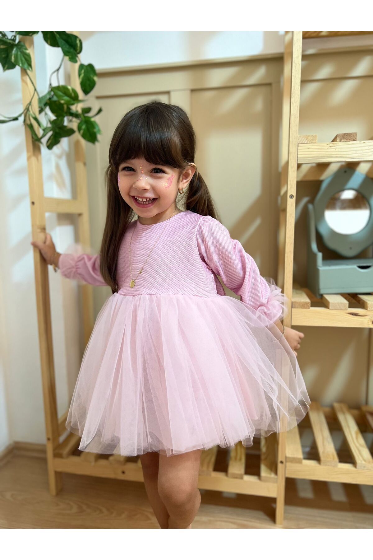 penu baby kids Pink long Balloon Fabric Sleeve Detailed Tutu Tutu Baby Girl Dress long